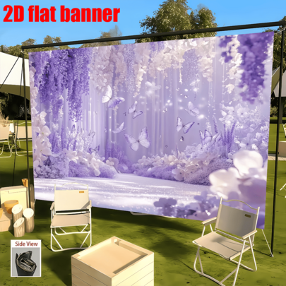 1件，2D平面，梦幻紫色花园背景横幅，涤纶面料，饰有花朵、蝴蝶、薰衣草图案，适用于生日派对装饰、婚礼背景、成人礼、闺蜜约会、派对装饰、单身派对、蛋糕桌装饰、墙面装饰、摄影背景道具、家居/花园/室内/室外装饰、节日活动装饰、派对装饰用品。