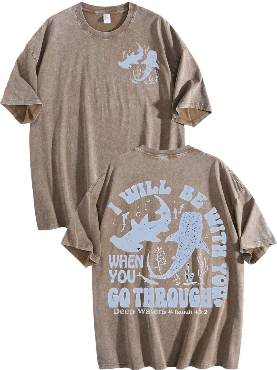 Whale Shark Pattern Retro Washed Cotton Double-Sided Printed T-Shirt Men's T-Shirt Old Summer Clothing Off Shoulder Sleeves Round Neck Top Short Sleeved - 卡其色03 - 查看 1