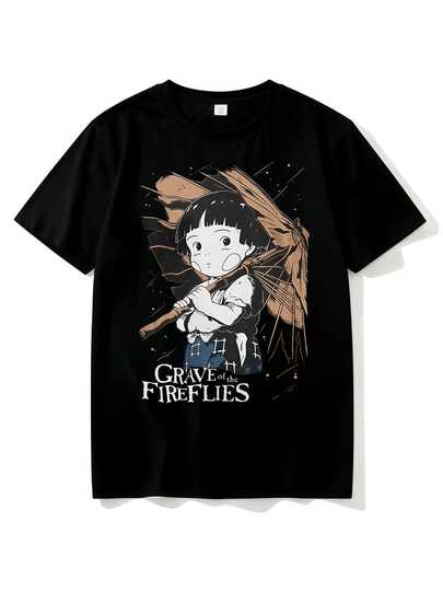Grave of the Fireflies Setsuko Themed Short-Sleeve T-Shirt Studio Ghibli Anime Peripheral Retro Print Black Crew Neck Top