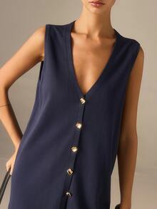 Women's Elegant Casual Knit 2-Piece Set, Knit Deep V-Neck Single-Breasted Vest + Knit Wide-Leg Pants, Fashionable Minimalist Commuter Style, Classy Old Money Vibe 2-Piece Outfit, Women's Street Fashion - Navy Blue - View 3