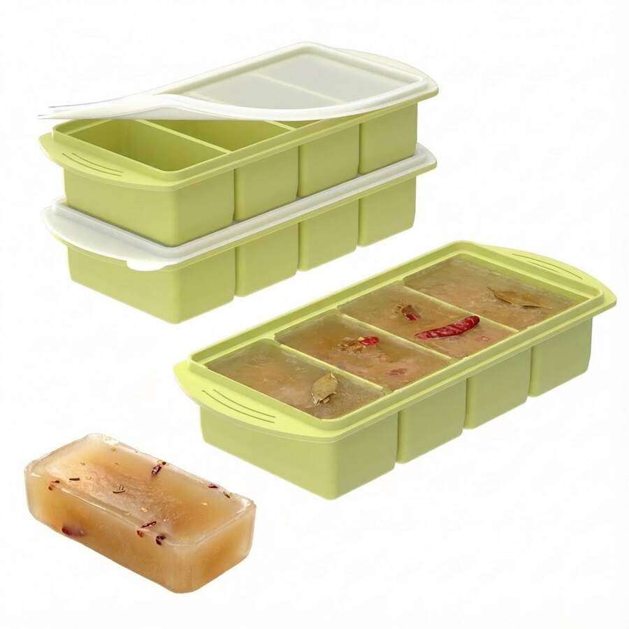 Silicone Freezer Trays With Lid, 1 Cup Silicone Freezer Food Molds, Food Storage Containers With Lids For Soup, Sauce, Broth & Leftovers, Large Ice Cube Tray With Easy Release Design, Meal Prep Containers For Portion Control, Oven & Dishwasher Friendly, 2-Pack - Bơ xanh - Xem 1