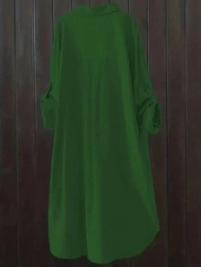 Women's Casual Solid Color Roll-Up Sleeve Shirt, Spring/Autumn - Green - View 2