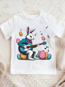 Conejo blanco elegante tocando guitarra rodeado de huevos de colores y notas musicales ropa para niños camiseta de 100% algodón - Blanco - Ver 1