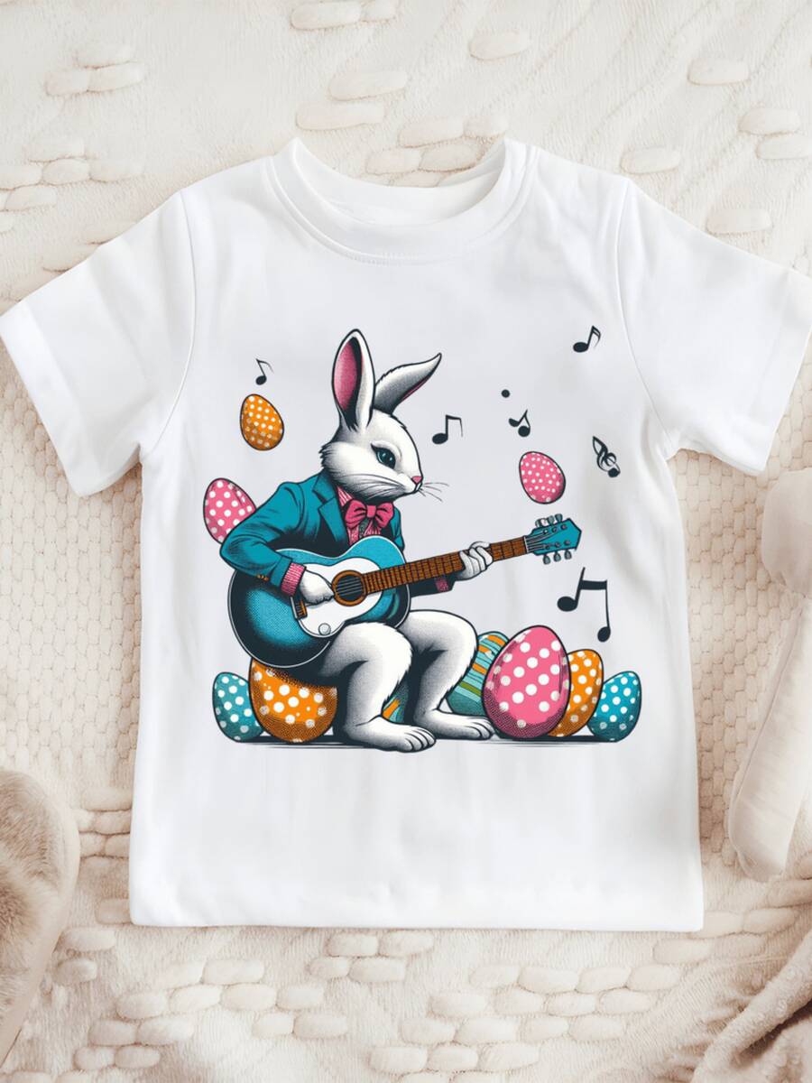 Conejo blanco elegante tocando guitarra rodeado de huevos de colores y notas musicales ropa para niños camiseta de 100% algodón - Blanco - Ver 1
