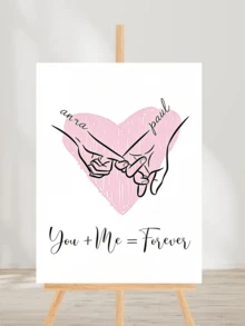 情侣个性化帆布墙画 - 定制姓名拉钩约定线条艺术印刷品，情人节礼物，周年纪念收藏品（不含框） - 彩色 - 查看 3