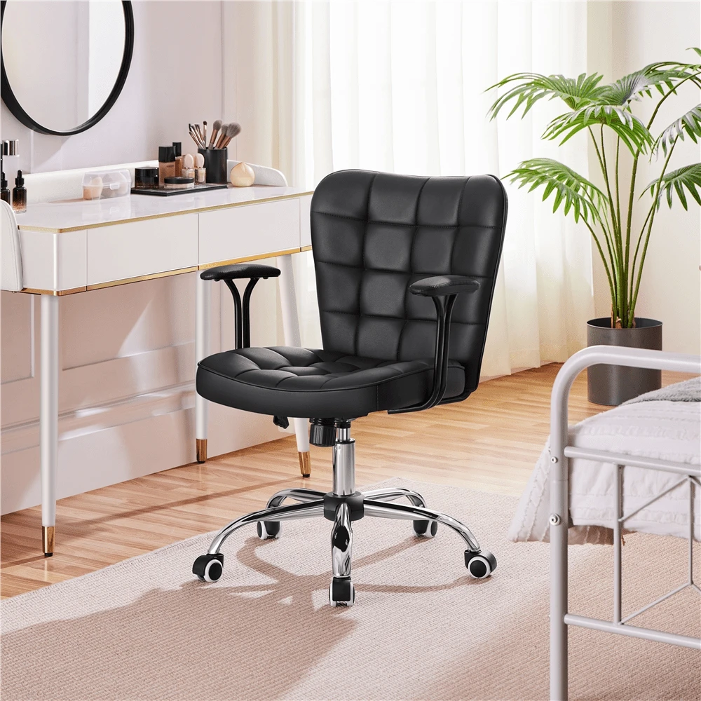 Butterslay 1 PC Modern PU Leather Swivel Office Desk Chair With Detachable Arms, Height-Adjustable Tiltable Ergonomic Chair For Home Study, Vanity, Living Room & Bedroom, Pink/White/Black - 黑色 - 查看 1