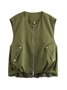 Women's Sleeveless Cargo Vest, Loose Zipper Pocket, Casual Outdoor Jacket - Army Green - View 2