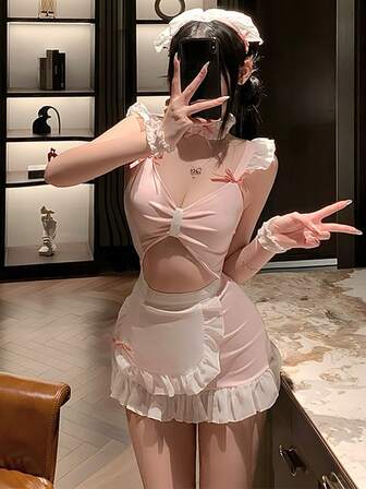 Agrafă de păr 1+ Inel de gât 1+ Salopă 1+ Șorț 1+ Brățară *2, Lenjerie intimă sexy, Servitoare drăguță, Uniformă inghinală, Joc de rol seducător, Dorință pură, Costum sexy cu piept mic, Set lenjerie intimă sexy