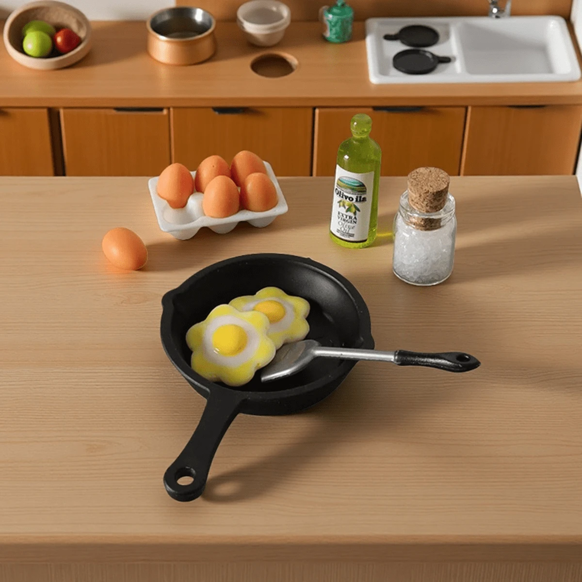 13pcs/Set Miniature Dollhouse Kitchen Scene Accessories, Realistic Frying Pan & Egg Toy, DIY Props - Multicolor - View 1