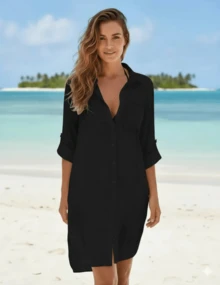 Women's Beach Cover-Up With Pocket, Plain, Soft, Lightweight, Comfortable, Long Sleeve, Simple Button Closure, Casual Beach Vacation Shirt Dress - 黑色 - 查看 2