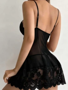Women's Lace Camisole Top & Shorts 2-Piece Set, Sexy Sheer Camisole, Bodysuit, Pure Desire, Alluring Mini Skirt, Sexy Bodysuit Lingerie - Black - View 2