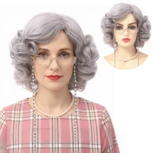 Gray Short Curly Wig With Bangs, Grandma Wig, Suitable For Women's Christmas Party Costume, Silver/Gray Grandma Wig, Accessories Include Glasses, Necklace, Earrings, Bracelet Set - Dark Grey - View 13