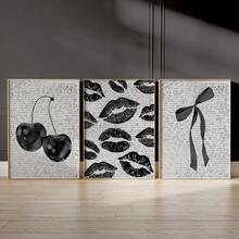 3幅无框黑白复古樱桃帆布海报，可爱蝴蝶结墙饰，学院风装饰，唇吻图案，艺术墙画礼品，暗黑学院风，卧室、客厅、家居及宿舍墙面装饰 - 黑與白 - 查看 1