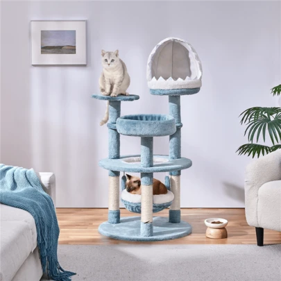 Butterslay 45.5" Cat Tree Tower Indoor Cats Multi Level Plush Climbing Tree With Sisal Scratching Posts, Hammock & Perches, Blue/White