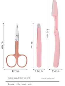 3pcs Eyebrow Grooming Set: Stainless Steel Eyebrow Razor, Eyebrow Tweezers, Eyelash Brush - Multicolor - View 7