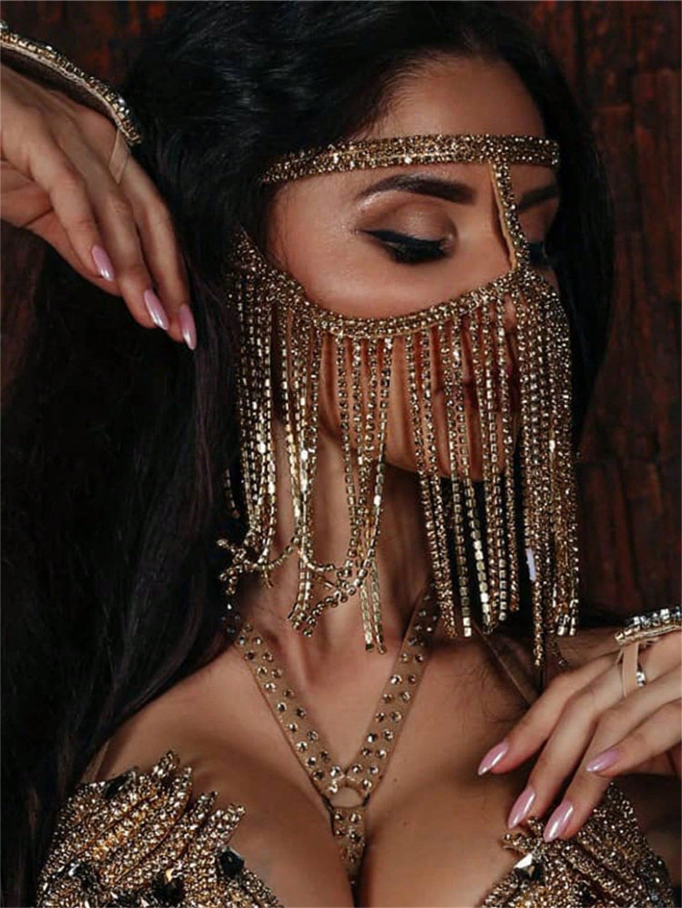 1pc Long Tassel Rhinestone Mask, Costume Accessory For Women Valentine's Day Costume - Gold - View 1