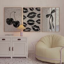 3幅无框黑白复古樱桃帆布海报，可爱蝴蝶结墙饰，学院风装饰，唇吻图案，艺术墙画礼品，暗黑学院风，卧室、客厅、家居及宿舍墙面装饰 - 黑與白 - 查看 2