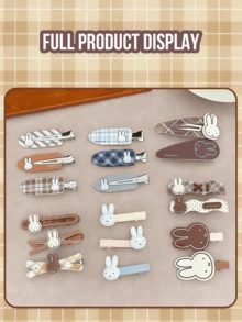 Hair Claw/Clip Set - Brown Retro Checkered/Stripped Design with Adorable Rabbit Head Print, Sweet Style & Niche Aesthetic, Perfect for Daily Hair Styling, Collectible Display for Students, Teen Girls & Young Women, Lovely Gair Styling, Collectible Display for Students, Teen Girls & Young Women, Lovely Gairift for Lover/Friend - 咖色格紋-bb夾 - 查看 7