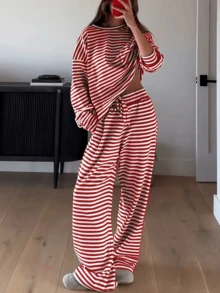 2pcs Women Solid Color Minimalist Striped Pajama Set, With Pockets, Drawstring Pants And Contrast Color Round Neck Top - Red - View 1