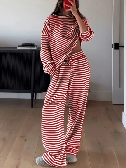 2pcs Women Solid Color Minimalist Striped Pajama Set, With Pockets, Drawstring Pants And Contrast Color Round Neck Top