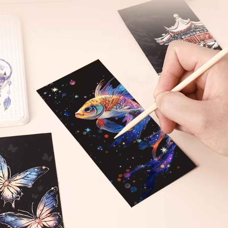 Animal Series Scratch Art Cards With Tools, Vibrant DIY Art, Suitable For Creative Home Decor, Perfect Gift For Craft Enthusiasts, Includes Fish And Butterfly Designs