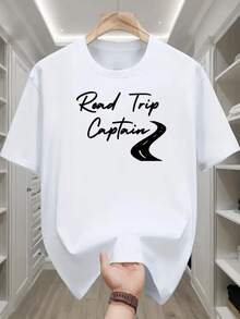 Men's Graphic T-Shirt, White Travel Theme, Road Trip Captain Print, Lightweight And Breathable Fabric, Regular Fit T-Shirt For Road Trips, Vacations, And Everyday Casual Wear, Machine Washable, Summer Top, Vacation Outfit, Bold Design, Soft Texture, Short Sleeve T-Shirt - 白色 - 查看 6