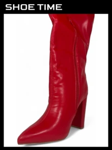 Over The Knee Wide Calf Slouchy Chunky Heel Boots - 紅色 - 查看 6