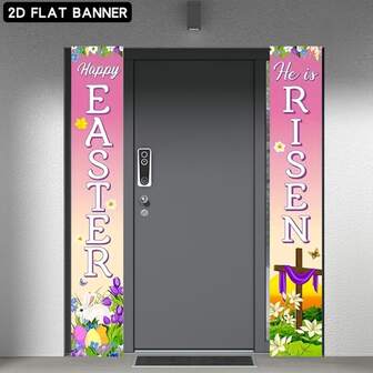2 Easter Happy Decorations (11.8x70.8 Inches), Easter Happy He Resurrected, Hanging Banner, Easter Egg, Easter Bunny, Jesus, Holiday Door Logo Items, Home, Outdoor, Indoor, Wall, Front Door Decoration Background