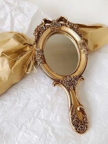 1pc Resin Hand Mirror, Ins Style Small Mirror, High-End Princess Style French Hand Mirror, Baroque Style Creative Retro Handle Mirror, Best Gift For Birthday, Graduation, Home Decor, Back To School, Study Supplies - Multicolor - View 2