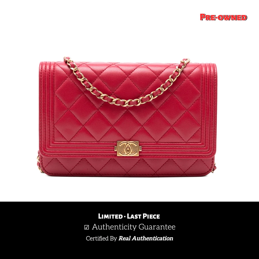 CHANEL Authenticated  PRE-OWNED Quilted Lamb-Skin Boy Wallet On Chain Bag - 紅色 - 查看 1