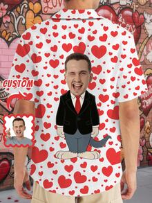 Personalized Hawaiian Shirt For Men, Brazil Collar Button-Up Shirt, Spring/Summer Vacation Outfit, Heart Print Short Sleeve Shirt With Funny Face, Customized Beach Holiday Shirt, Couple Matching Shirt, Unique Valentine's Day Gift For Boyfriend, Husband, Family, Friends - Multicolor - View 1