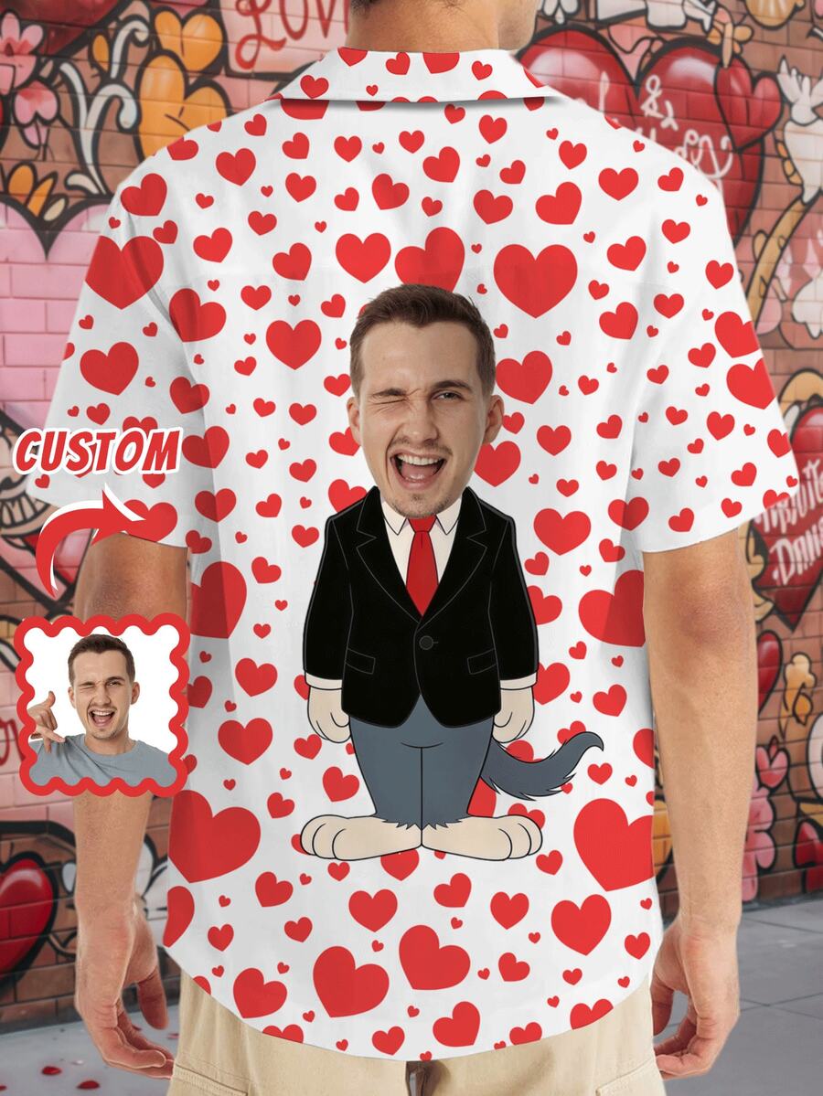 Personalized Hawaiian Shirt For Men, Brazil Collar Button-Up Shirt, Spring/Summer Vacation Outfit, Heart Print Short Sleeve Shirt With Funny Face, Customized Beach Holiday Shirt, Couple Matching Shirt, Unique Valentine's Day Gift For Boyfriend, Husband, Family, Friends - Multicolor - View 1