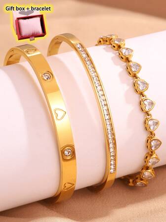 1 pieza Pulsera elegante y elegante de acero inoxidable con patrón en forma de corazón y cuentas de circonita, adecuada para uso diario y como regalo. Representa el estilo de Europa y América. Puede ser un regalo de Año Nuevo o un regalo del Día de San Valentín.