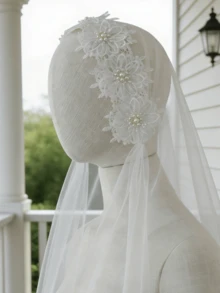 Véu de noiva branco com apliques de renda e pérolas artificiais (1 peça), ideal para casamentos, despedidas de solteira, ensaios fotográficos e acessórios de noiva. Não inclui pente para cabelo. - Branco -I - Ver 2