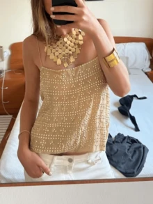 Women Y2K Sparkly Rhinestone Cami Crop Top Spaghetti Strap Sleeveless Going Out Party Club Top - 卡其色 - 查看 2