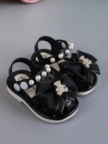 Sandalias con corazón de perla para niños, sandalias de moda estilo coreano con suela suave para niñas - Negro - Ver 4