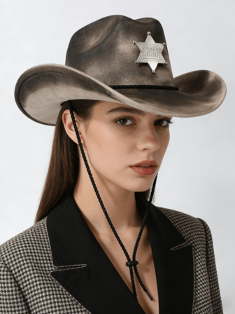 1pc Handmade Fashion Personalized Gradient Letter Badge Windproof Rope Wide Brim Hat, European And American Style Western Cowboy Hat, Stylish And Simple Jazz Hat, Suitable For Daily Wear, Parties, Western Themed Events, Gatherings, Cosplay, Graduation Ceremonies, Masquerade Balls, Festivals, Birthday Celebrations, Concerts