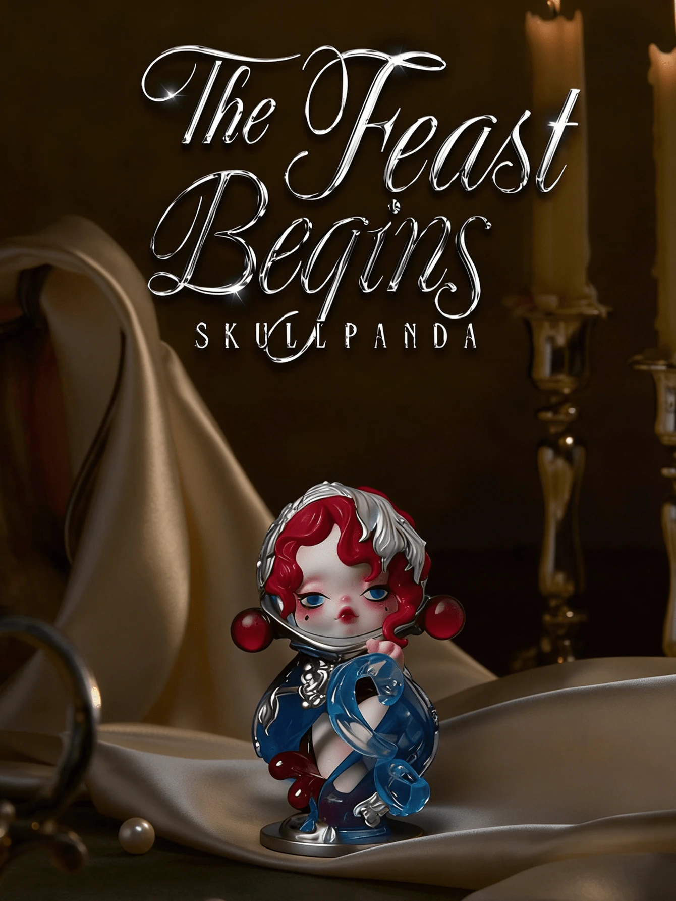 SKULLPANDA Dining Table Series Figurine, Dark Fairy Tale Design With Exquisite Tableware Elements, Fine Doll Statue Model Figurine Ornament Toy Blind Box Collection, Mysterious Box Figurine Collectible, Birthday, Christmas, Halloween Decoration Gift