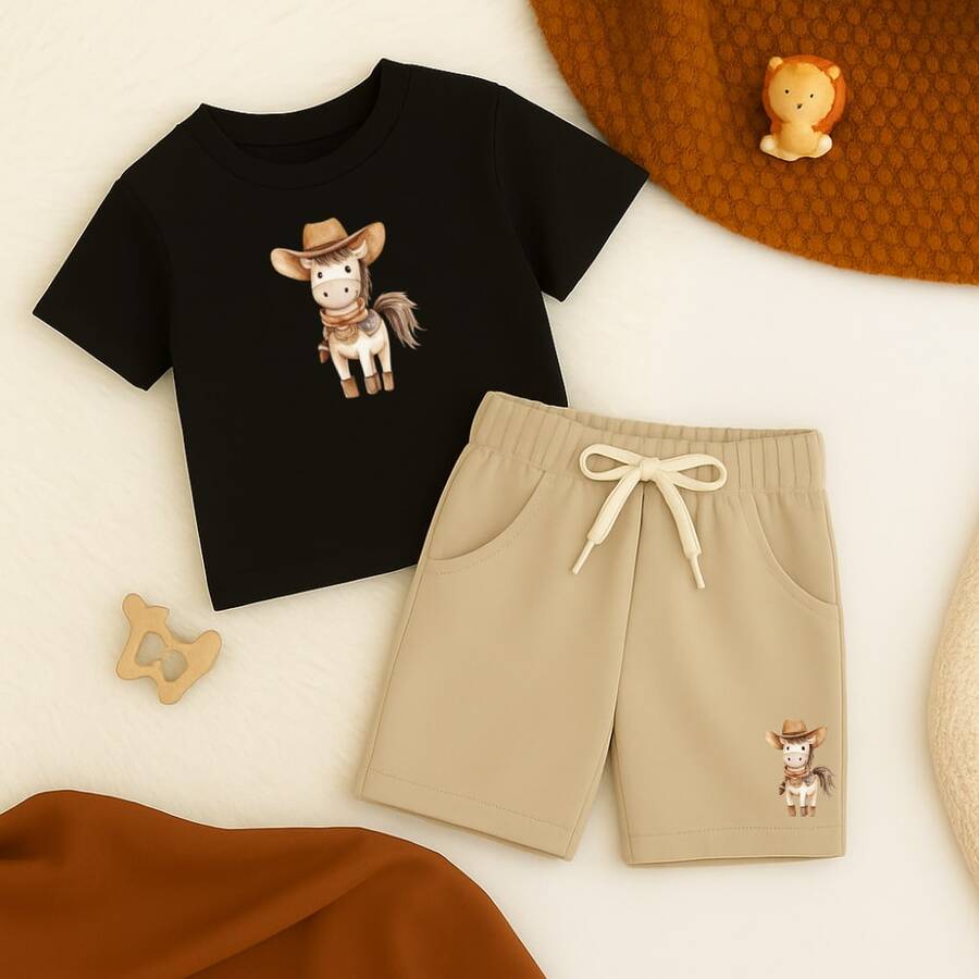 Conjunto Infantil Masculino Short Moletinho e Camiseta Algodão Estampado Cavalo Fazendeiro Blusa Manga Curta Bermuda Com Bolsos Criança