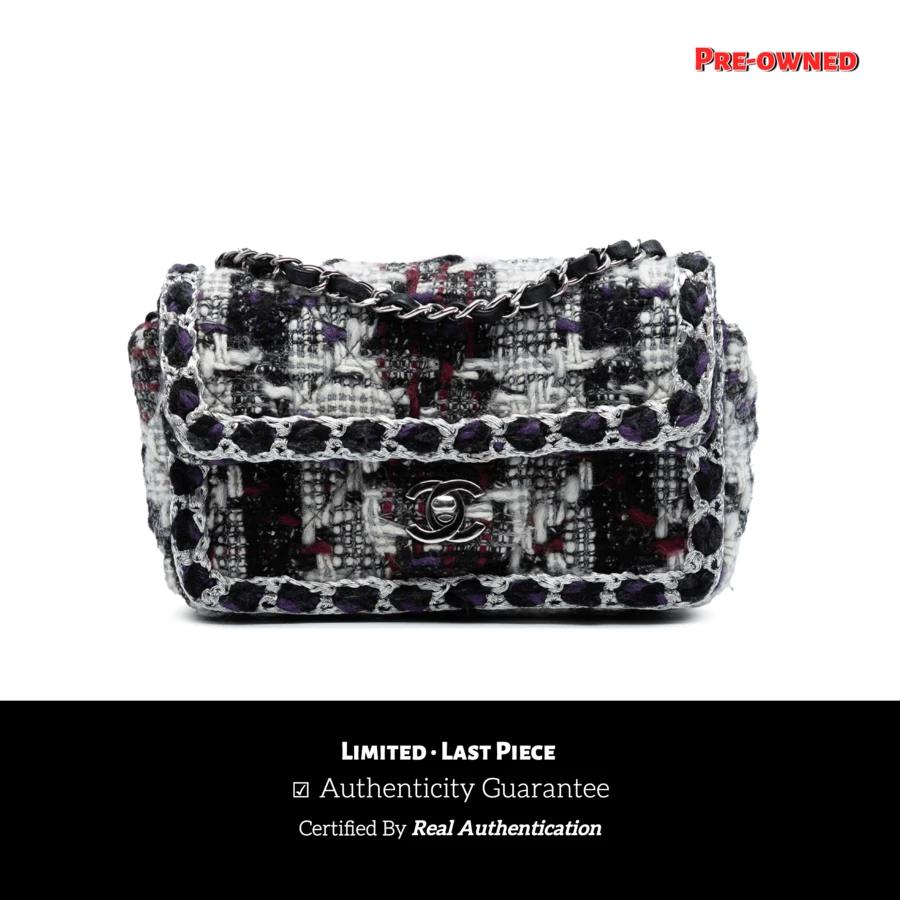 Authenticated  PRE-OWNED Mini Rectangular Quilted Tweed Single Flap Bag - Black - View 1