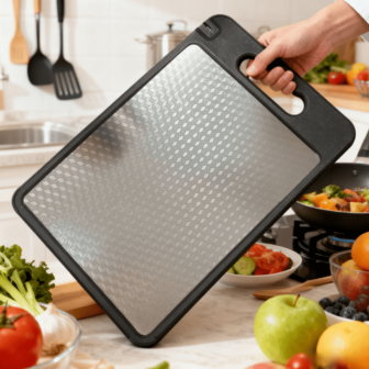 Tabla de cortar de cocina de acero inoxidable, tabla de cortar de doble cara con ranuras profundas, molinillo de ajo, afilador de cuchillos, fácil de limpiar, adecuada para verduras, frutas, carnes, herramienta de cocina esencial, tabla de frutas para camping al aire libre, gran regalo para el Día de la Madre o Año Nuevo