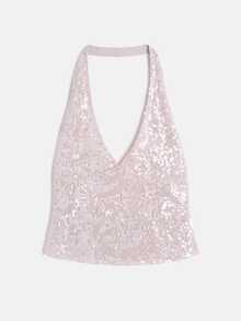 Women Sequin Halter Tank Top Y2K Sparkly Sleeveless Deep V Neck Crop Slim Fit Vest Crop Tops Summer Backless Bling Glitter Low Cut Shirts Going Out Tops Party Clubwear - 粉色 - 查看 6
