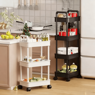 Carrito de almacenamiento de plástico multifuncional con ruedas - Estantería de almacenamiento de 3/4/5 niveles, adecuada para el hogar, la oficina, la cocina, el baño - Diseño de red de drenaje transpirable