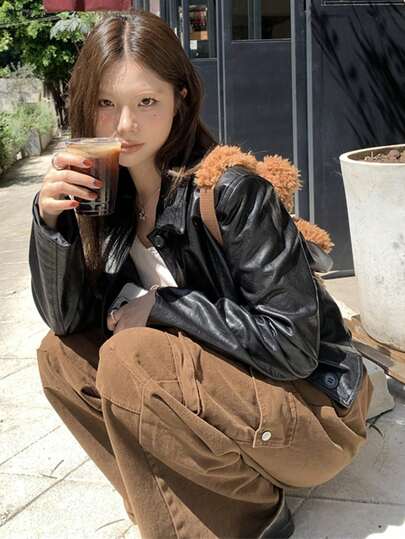 Women's Casual Cropped Shoulder Leather Jacket