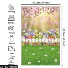 [2d Flat Banner]1 pieza Fondo de fotografía de Pascua de primavera con flores rosas, césped verde y escenario natural - Multicolor - Ver 5