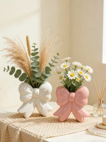 1pc Fashionable Polyresin Vase With Bow Decor, Girly Home Decor Flower Vase, Romantic Wedding Decoration, Bow Design, Wedding Gift, Graduation Gift, Birthday Gift, Holiday Gift, Gift For Girlfriend/Boyfriend, Room Decor Glass Vase - Multicolor - View 4