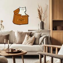 1个不对称木纹静音挂钟，卡通猫咪坐在棕色纸箱上，可选11.81英寸或15.75英寸，电池供电（不含电池），适用于走廊、阳台、浴室，是圣诞节、新年、母亲节、父亲节、朋友聚会、婚礼家居装饰和礼品的理想之选。