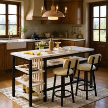 3 Pieces Dining Room Table Set With 2 Upholstered Bar Stools, Modern Farmhouse Style Kitchen Table Set With Multiple Tier Storage Shelves, MDF Table Top And Metal Frame, Counter Height Breakfast Nook Table Set For Small Spaces Family - Đá cẩm thạch trắng và đen - Xem 3