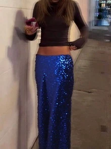 魅力四射、优雅性感、简约迷人的亮片半身裙，弹力闪亮侧开衩修身派对裙，适合春秋季各种场合穿着。 - 藍色 - 查看 4