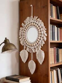 1件波西米亚流苏编织圆形壁镜装饰，流苏和叶子流苏设计，北欧风格家居装饰，简约质朴编织壁镜，房间装饰，适用于卧室、客厅、玄关，波西米亚风格壁镜，装饰壁镜，节日家居装饰，摄影道具 - 彩色 - 查看 5
